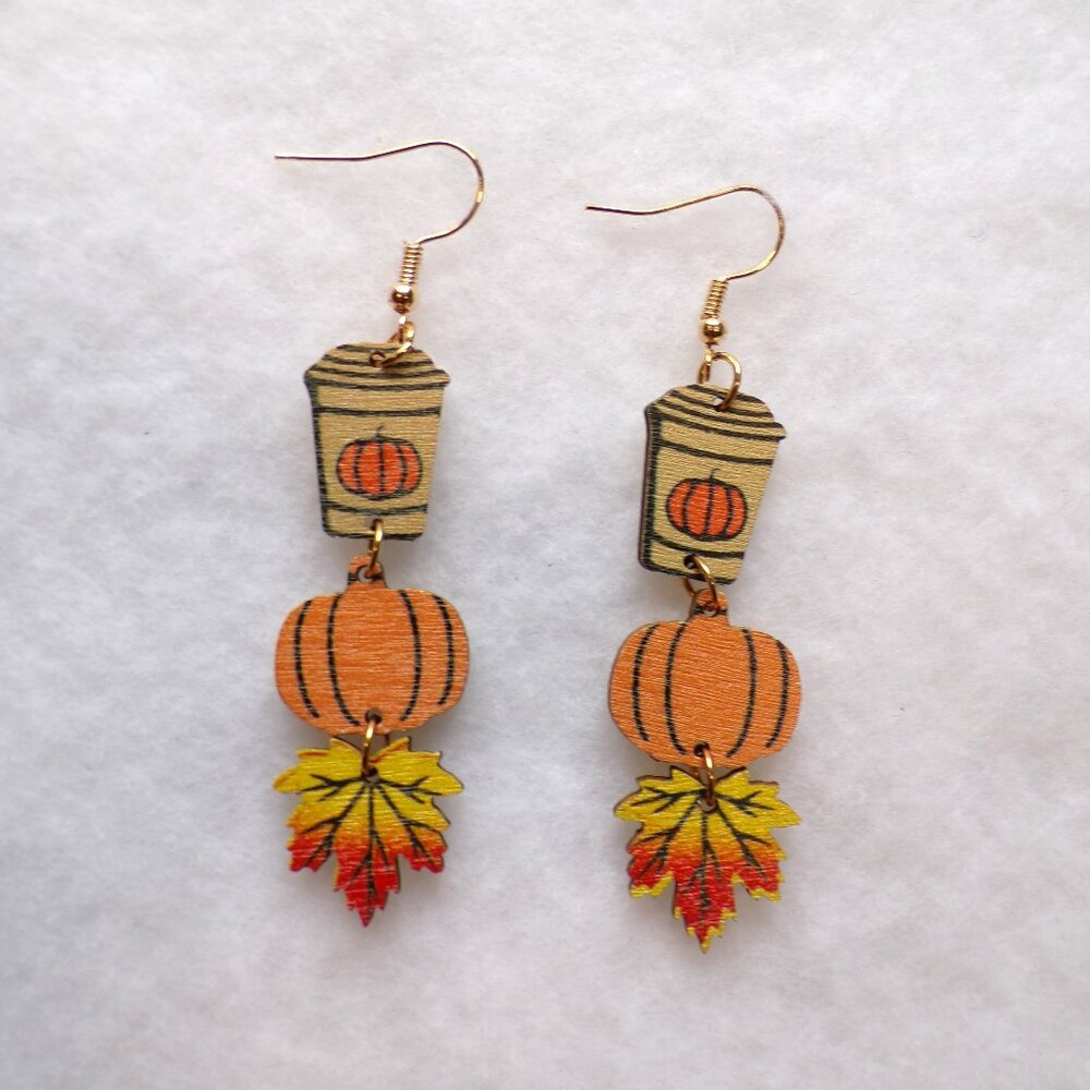 NEW Fall Wood Dangle Earrings Coffee Pumpkin Leaf